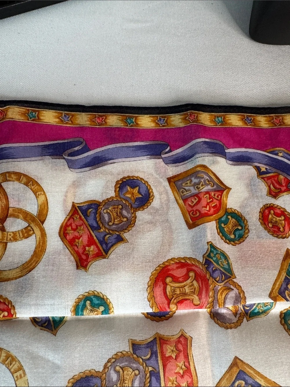 Celine Multicolor Medallion & Crest Cotton Scarf - White, Gold, Purple (NWOT)